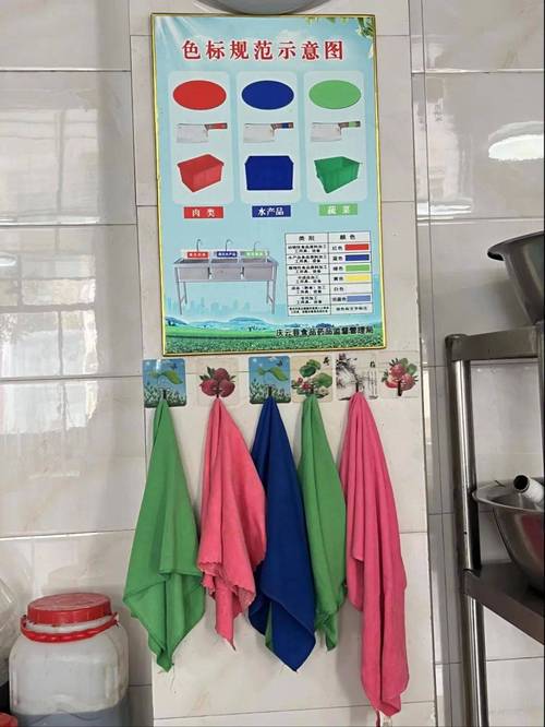 前厅就餐环境干净整洁;清洁用具,加工用具按色标管理;餐饮具清洗消